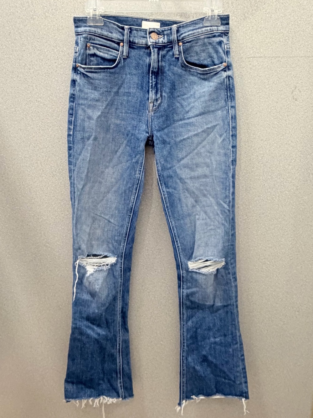 MOTHER The Runway Step Fray Hem Blue Straight Leg Jeans with Knee Rips sz 24 USA